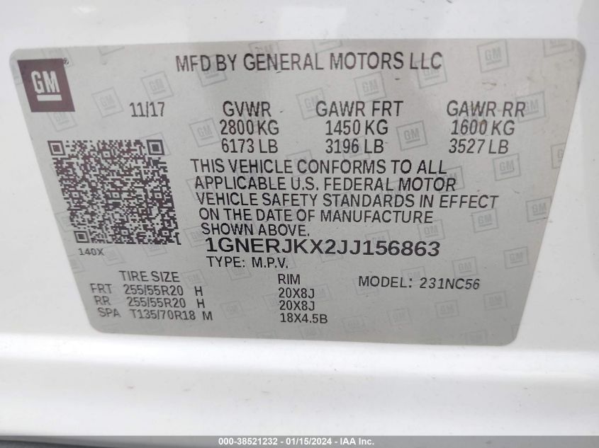 2018 CHEVROLET TRAVERSE RS - 1GNERJKX2JJ156863