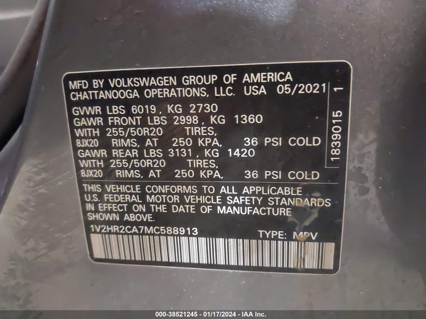 VIN 1V2HR2CA7MC588913 2021 VOLKSWAGEN ATLAS 3.6L V6 SE W/TECHNOLOGY