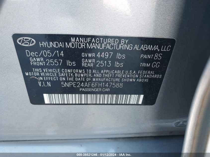 2015 HYUNDAI SONATA SE - 5NPE24AF6FH147588