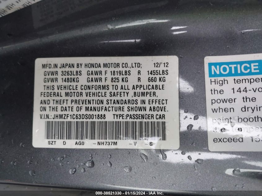 2013 HONDA CR-Z EX - JHMZF1C63DS001888