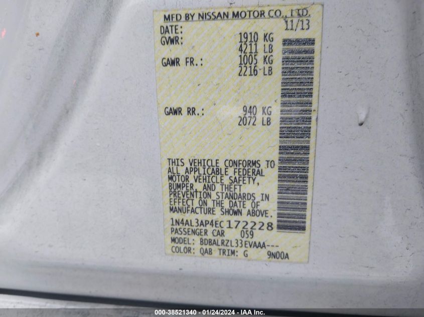 2014 NISSAN ALTIMA 2.5 S - 1N4AL3AP4EC172228
