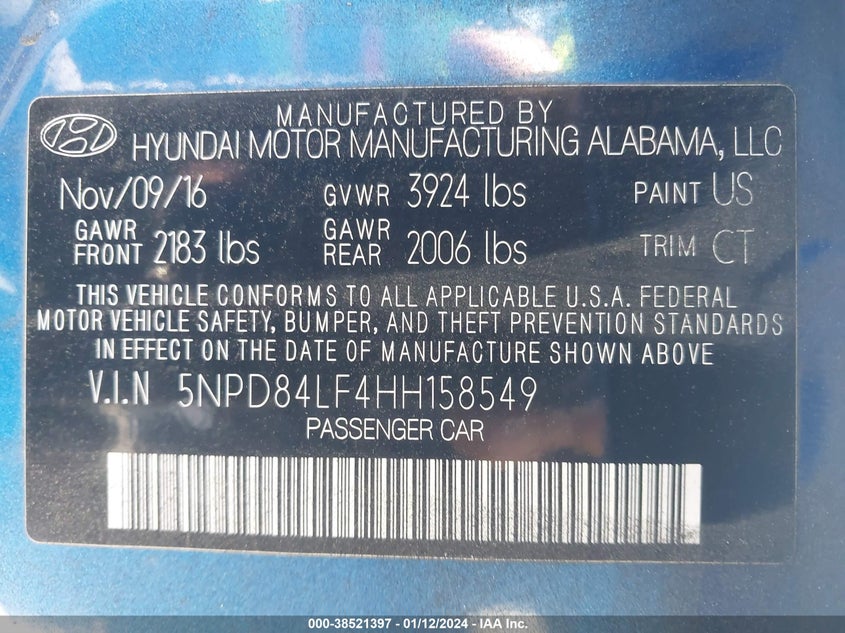 VIN 5NPD84LF4HH158549 2017 HYUNDAI ELANTRA SE/VALUE/LIMITED