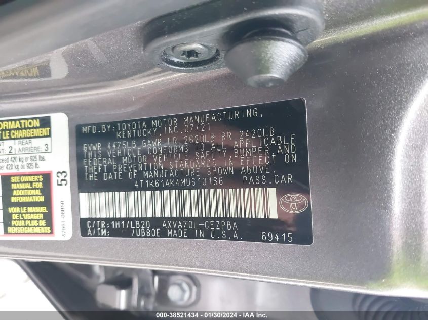 2021 TOYOTA CAMRY XSE - 4T1K61AK4MU610166