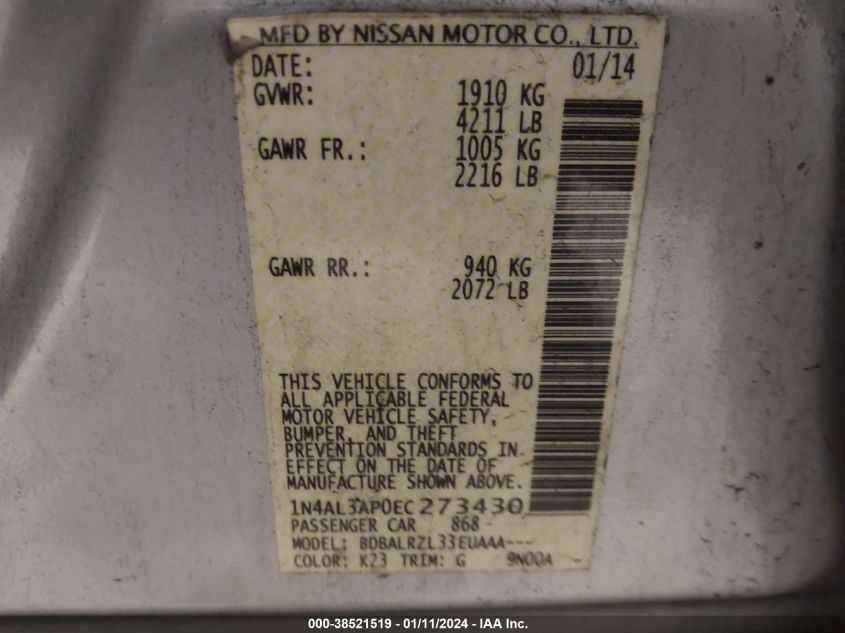 2014 NISSAN ALTIMA 2.5/2.5 S/2.5 SL/2.5 SV - 1N4AL3AP0EC273430