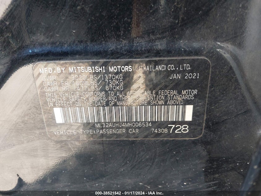 VIN ML32AUHJ4MH006534 2021 MITSUBISHI MIRAGE ES/LE/CARBONITE EDITION