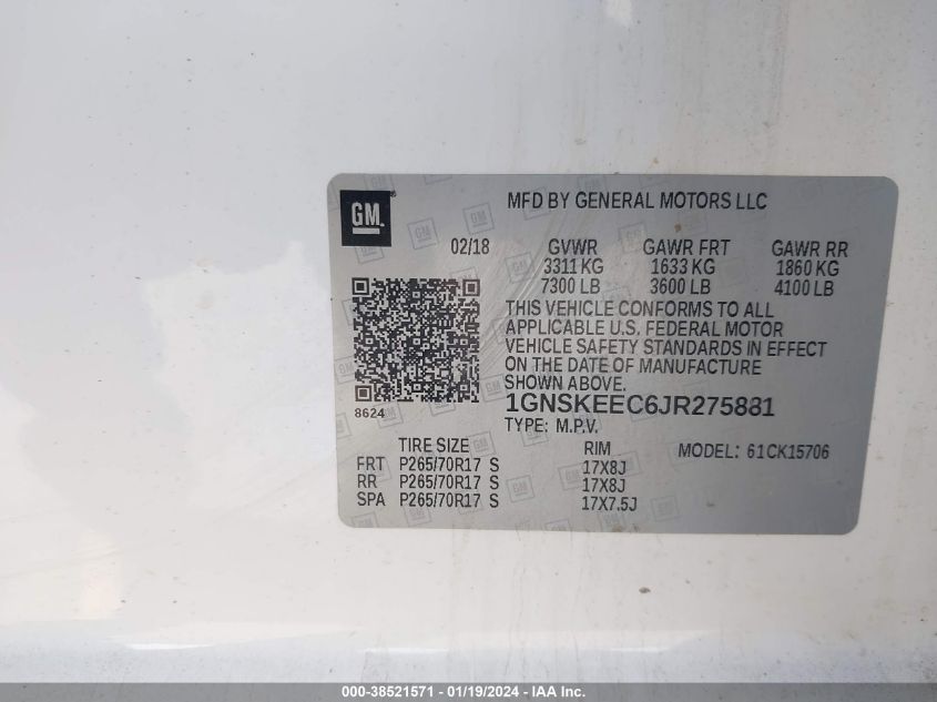 2018 CHEVROLET TAHOE K1500 - 1GNSKEEC6JR275881