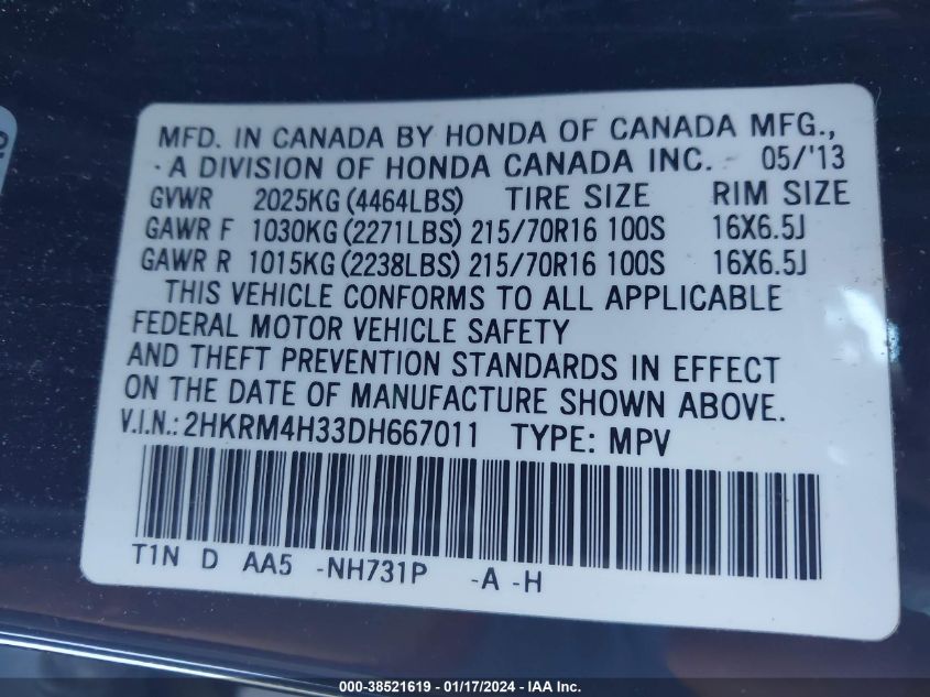 2013 HONDA CR-V LX - 2HKRM4H33DH667011