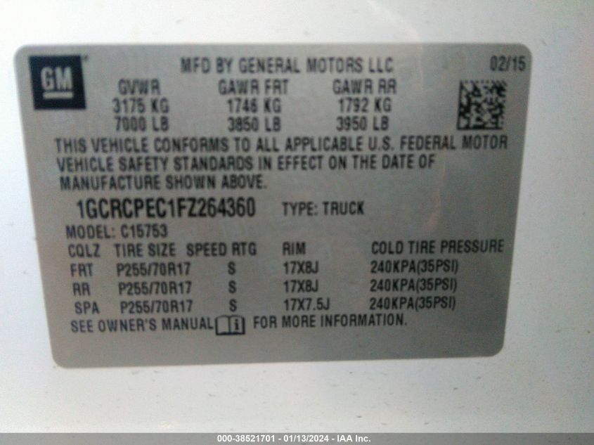 2015 CHEVROLET SILVERADO 1500 WT - 1GCRCPEC1FZ264360