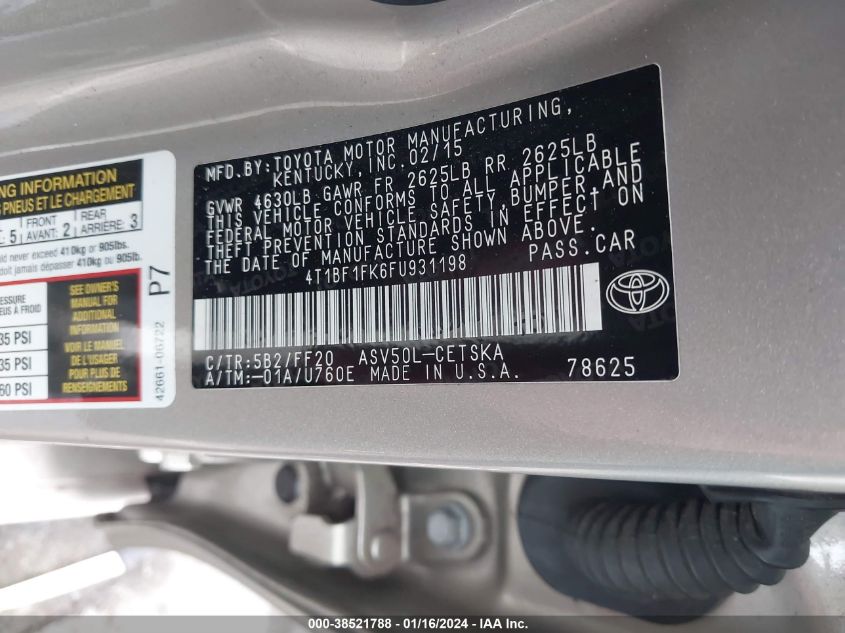 2015 TOYOTA CAMRY SE - 4T1BF1FK6FU931198