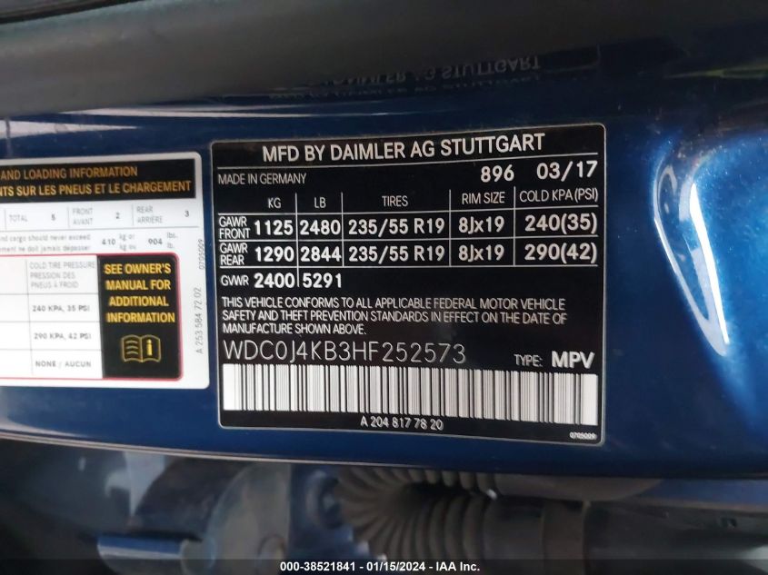 2017 MERCEDES-BENZ GLC 300 COUPE 300 4MATIC WDC0J4KB3HF252573