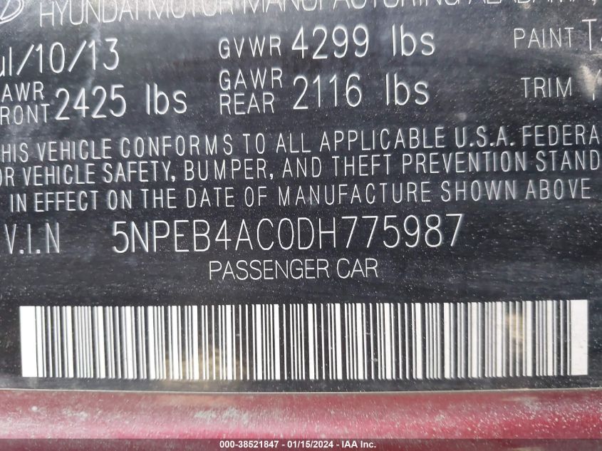 2013 HYUNDAI SONATA GLS - 5NPEB4AC0DH775987