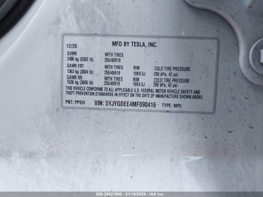 VIN 5YJYGDEE4MF090416 2021 TESLA MODEL Y