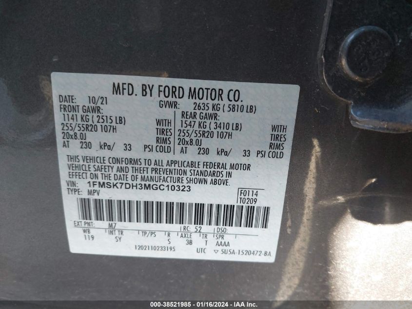 2021 FORD EXPLORER XLT - 1FMSK7DH3MGC10323