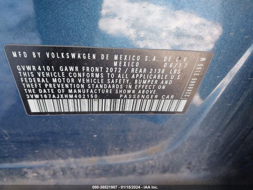 2017 VOLKSWAGEN JETTA S - 3VW167AJXHM402150