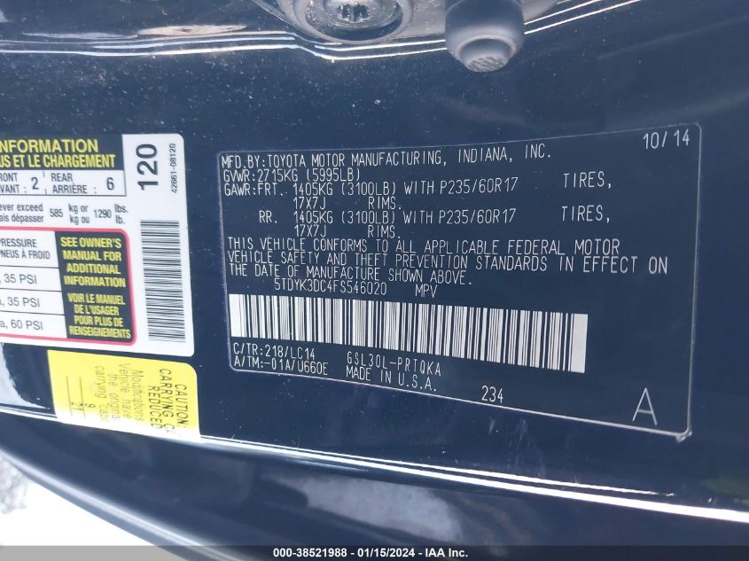 2015 TOYOTA SIENNA XLE 8 PASSENGER - 5TDYK3DC4FS546020