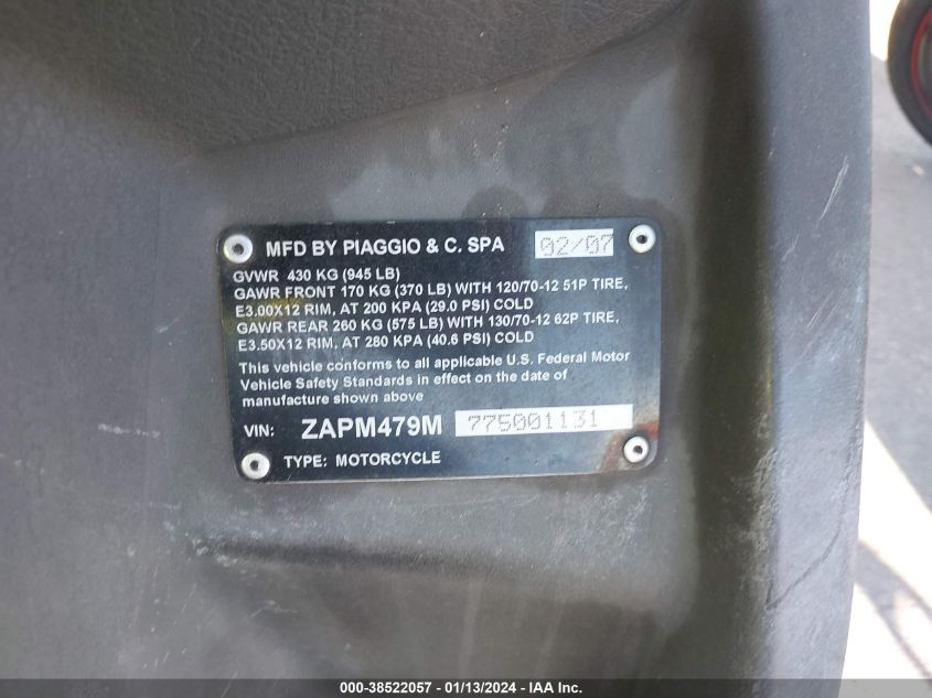 2007 PIAGGIO MP3 ZAPM479M775001131