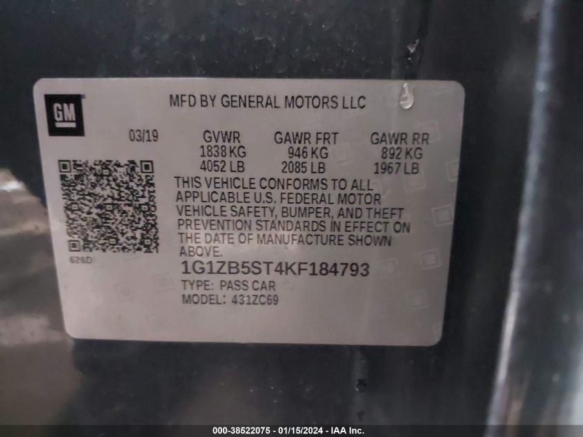 2019 CHEVROLET MALIBU LS - 1G1ZB5ST4KF184793