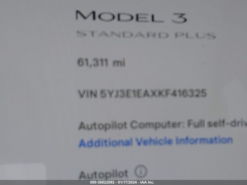 2019 TESLA MODEL 3 LONG RANGE/MID RANGE/STANDARD RANGE/STANDARD RANGE PLUS - 5YJ3E1EAXKF416325