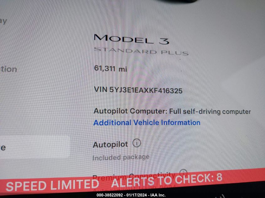 2019 TESLA MODEL 3 LONG RANGE/MID RANGE/STANDARD RANGE/STANDARD RANGE PLUS - 5YJ3E1EAXKF416325