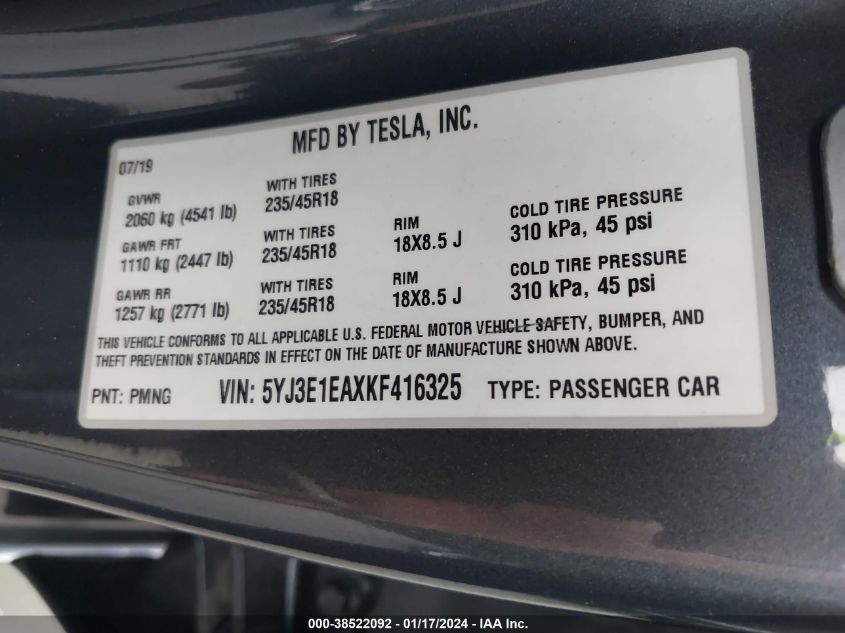 2019 TESLA MODEL 3 LONG RANGE/MID RANGE/STANDARD RANGE/STANDARD RANGE PLUS - 5YJ3E1EAXKF416325
