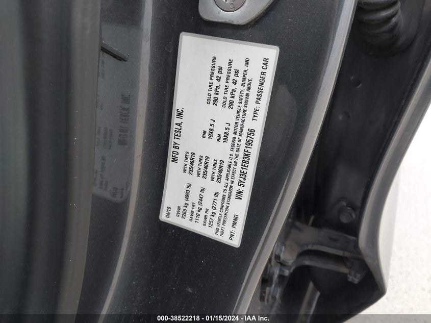 VIN 5YJ3E1EB3KF195756 2019 TESLA MODEL 3