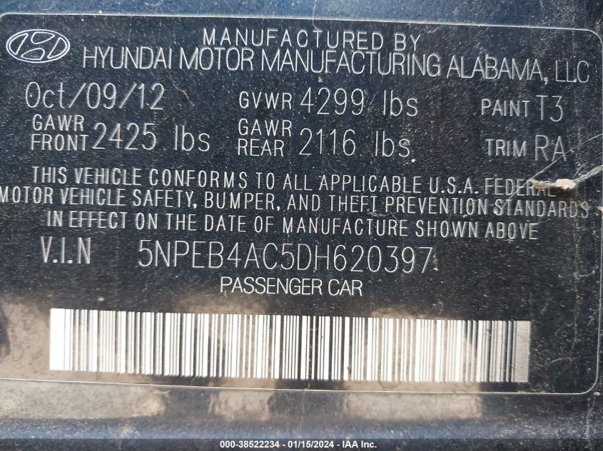 2013 HYUNDAI SONATA GLS - 5NPEB4AC5DH620397