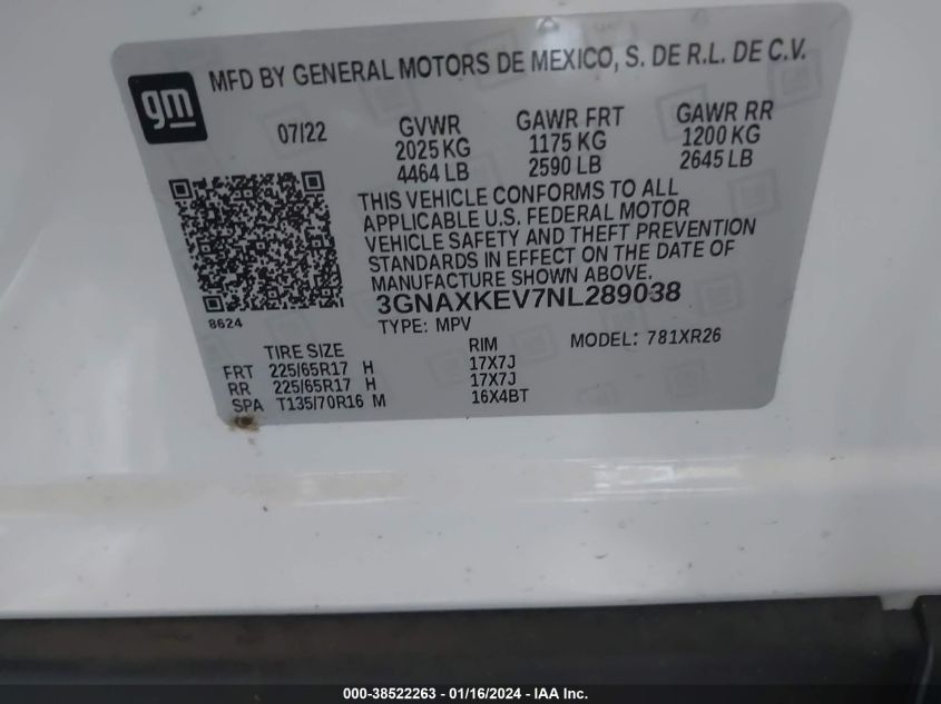 2022 CHEVROLET EQUINOX LT - 3GNAXKEV7NL289038
