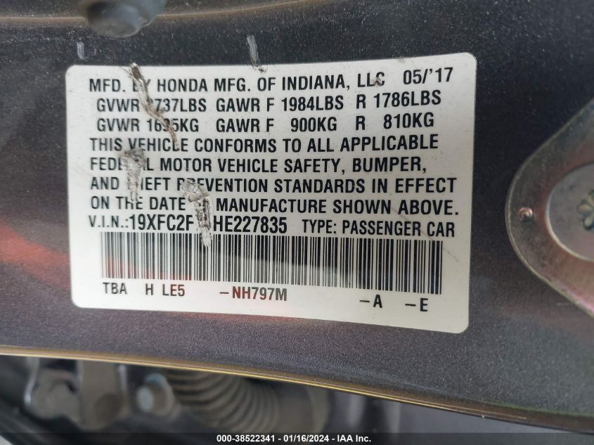 2017 HONDA CIVIC EX - 19XFC2F75HE227835