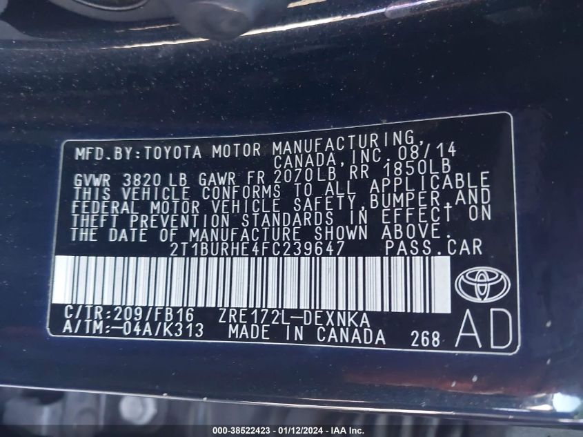 2015 TOYOTA COROLLA LE - 2T1BURHE4FC239647