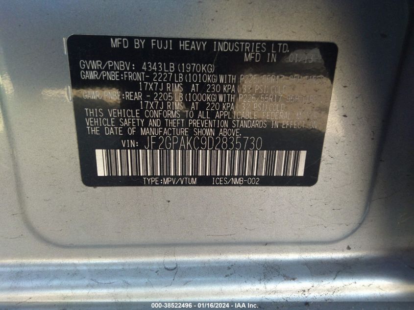 2013 SUBARU XV CROSSTREK 2.0 LIMITED - JF2GPAKC9D2835730
