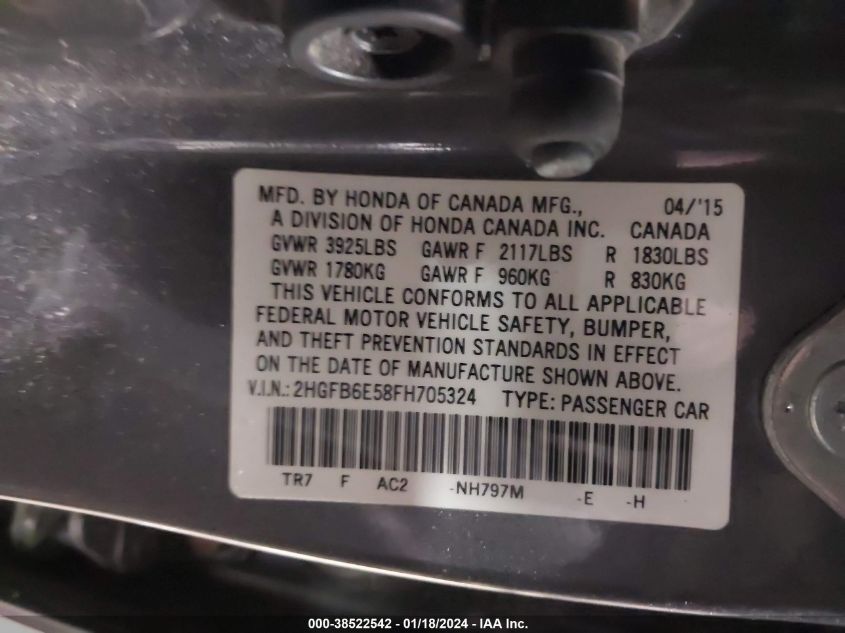 2015 HONDA CIVIC SI - 2HGFB6E58FH705324