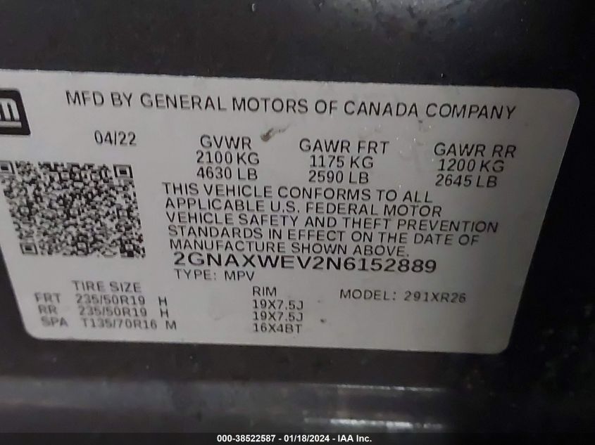 2022 CHEVROLET EQUINOX AWD RS - 2GNAXWEV2N6152889