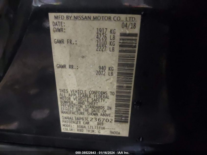 2018 NISSAN ALTIMA 2.5 SV - 1N4AL3AP6JC236702