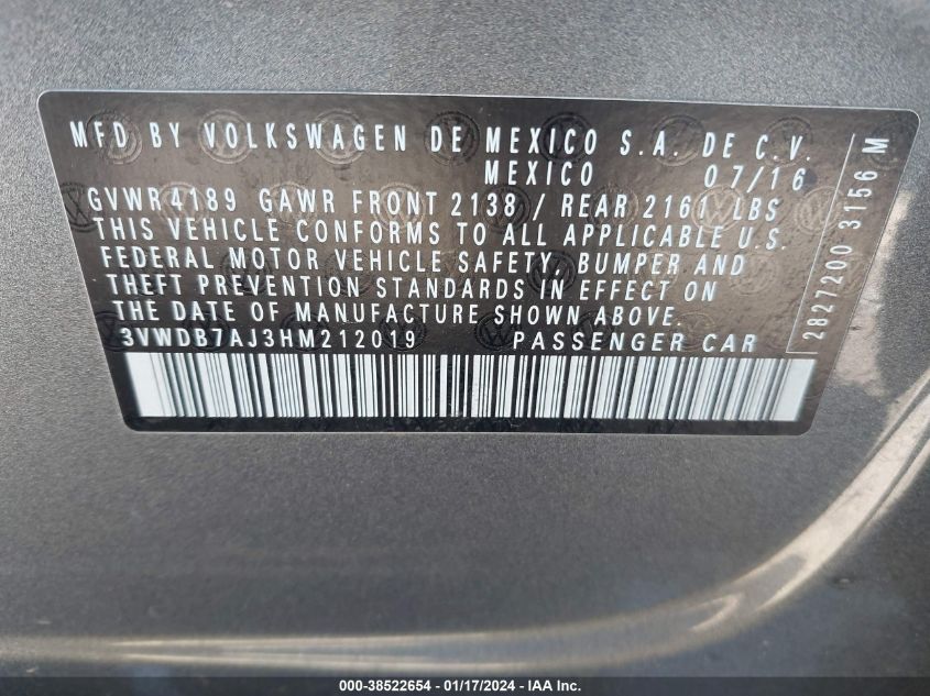 2017 VOLKSWAGEN JETTA 1.4T SE - 3VWDB7AJ3HM212019