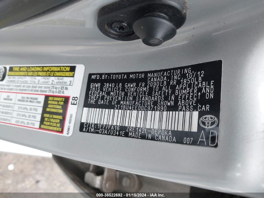 2013 TOYOTA COROLLA S/LE - 2T1BU4EE0DC971990