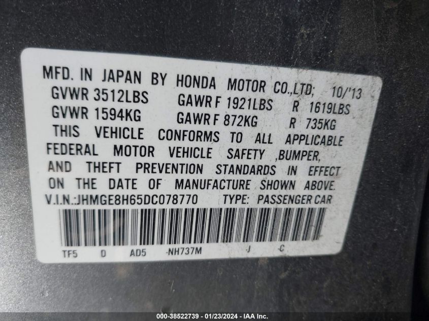 2013 HONDA FIT SPORT - JHMGE8H65DC078770