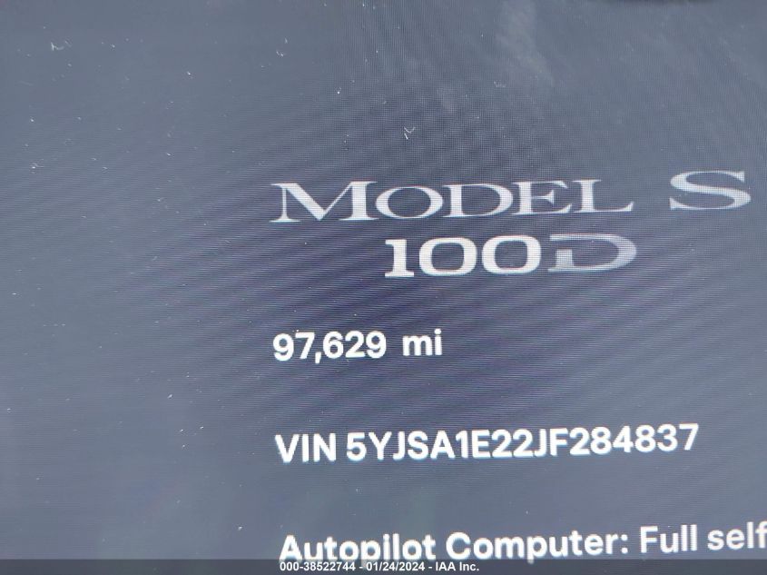 Auction sale of the 2018 TESLA MODEL S , vin: 5YJSA1E22JF284837, lot number: 38522744