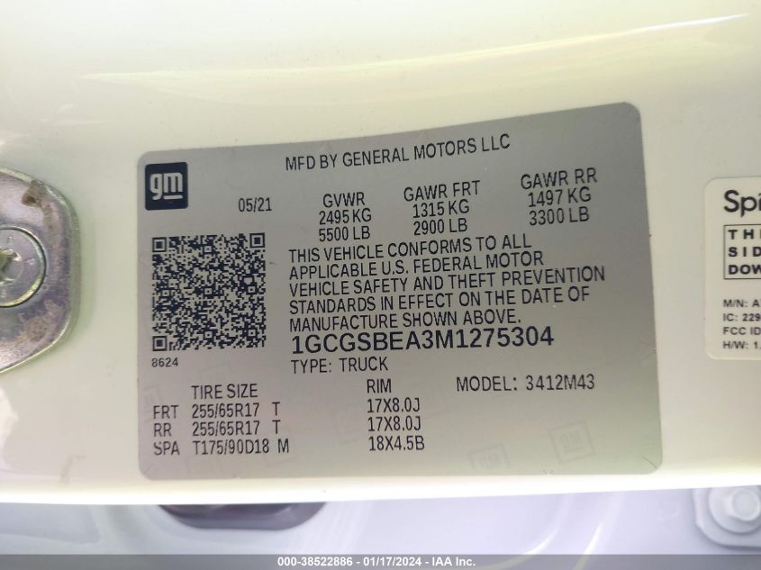 2021 CHEVROLET COLORADO - 1GCGSBEA3M1275304