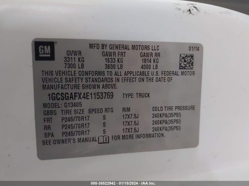 2014 CHEVROLET EXPRESS 1500 WORK VAN - 1GCSGAFX4E1153769