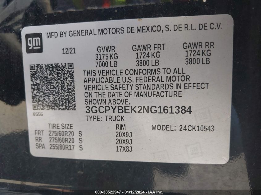 2022 CHEVROLET SILVERADO LTD K1500 CUSTOM 3GCPYBEK2NG16138