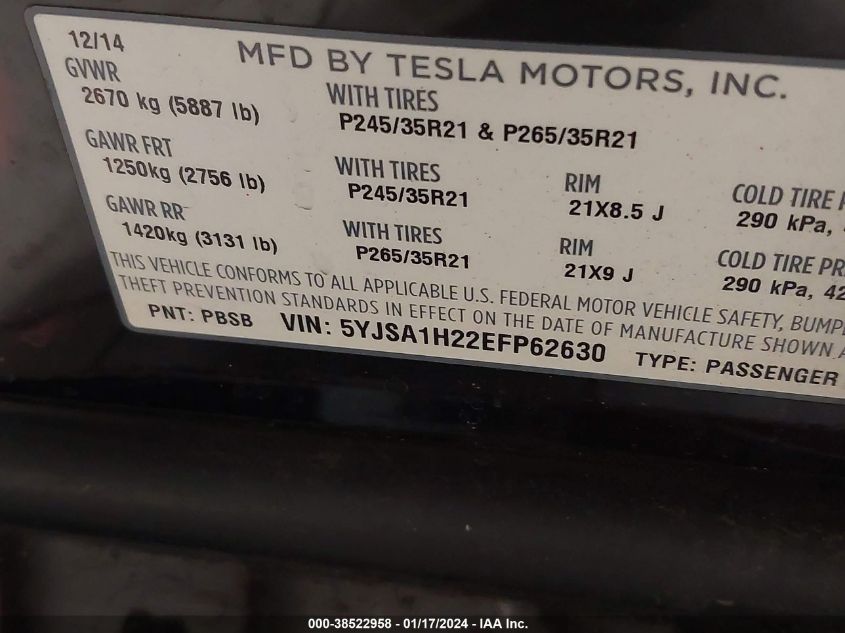 2014 TESLA MODEL S - 5YJSA1H22EFP62630