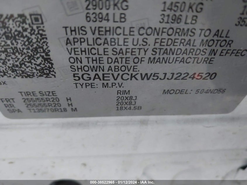VIN 5GAEVCKW5JJ224520 2018 BUICK ENCLAVE AVENIR