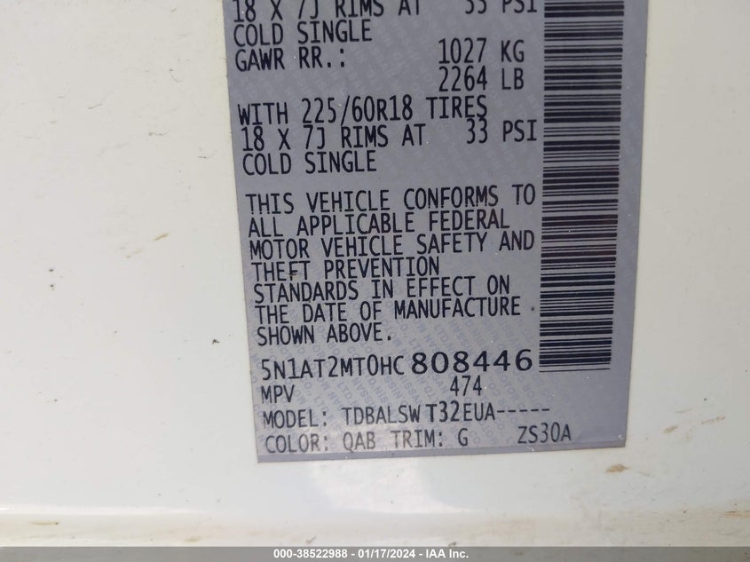 VIN 5N1AT2MT0HC808446 2017 NISSAN ROGUE SL
