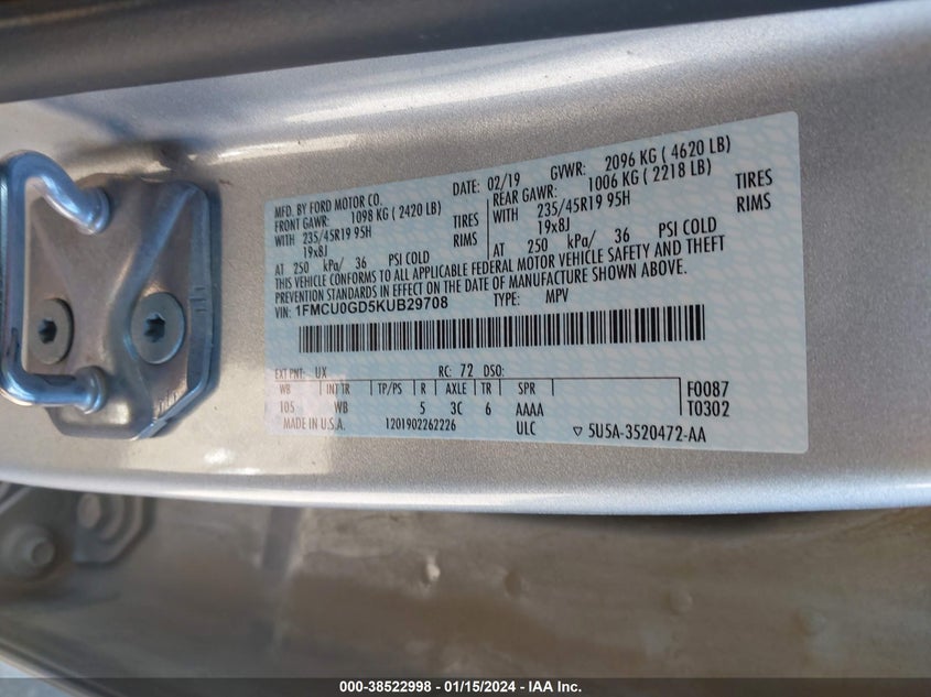 VIN 1FMCU0GD5KUB29708 2019 FORD ESCAPE SE