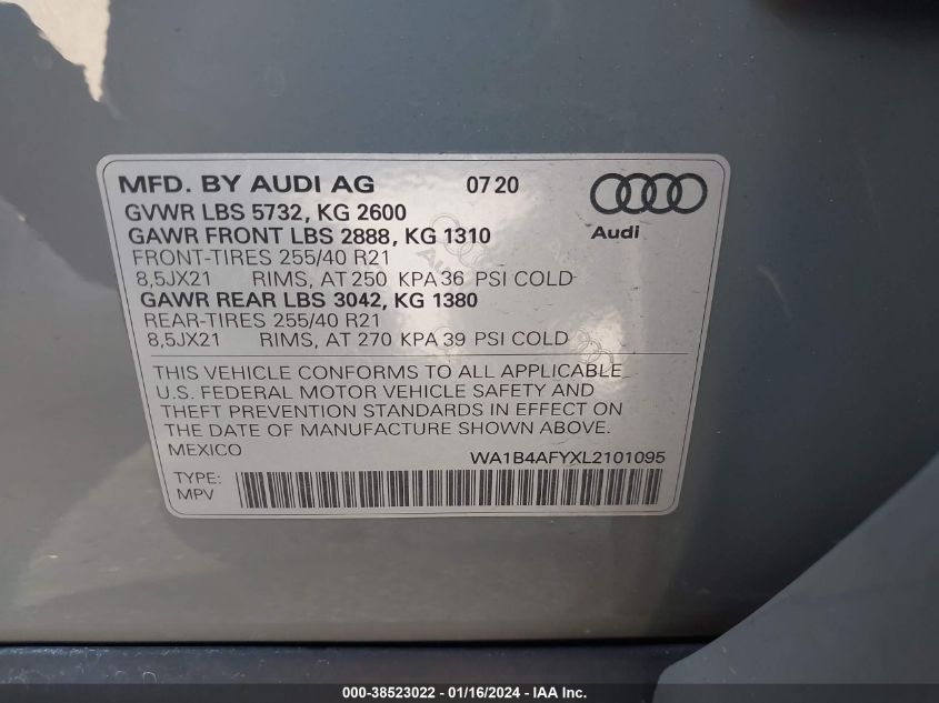 2020 AUDI SQ5 PREMIUM PLUS TFSI QUATTRO TIPTRONIC WA1B4AFYXL2101095