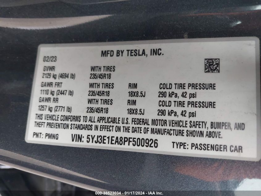 2023 TESLA MODEL 3 - 5YJ3E1EA8PF500926