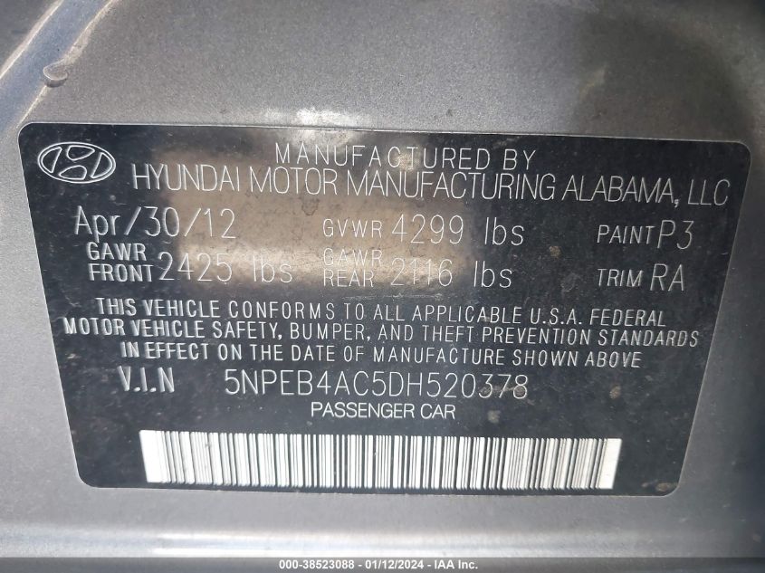 2013 HYUNDAI SONATA GLS - 5NPEB4AC5DH520378