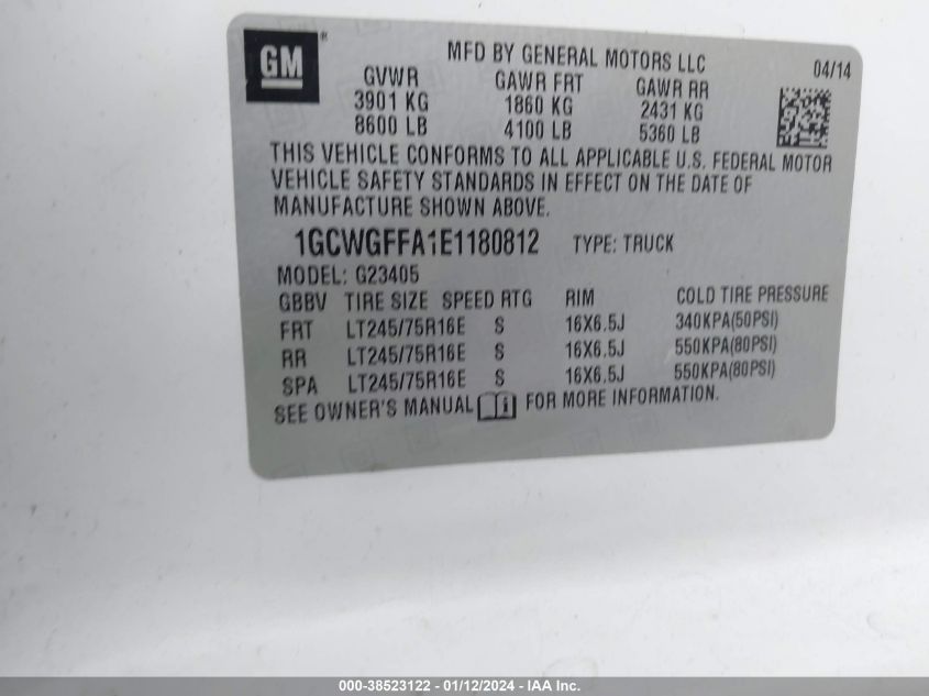 2014 CHEVROLET EXPRESS 2500 WORK VAN 1GCWGFFA1E1180812