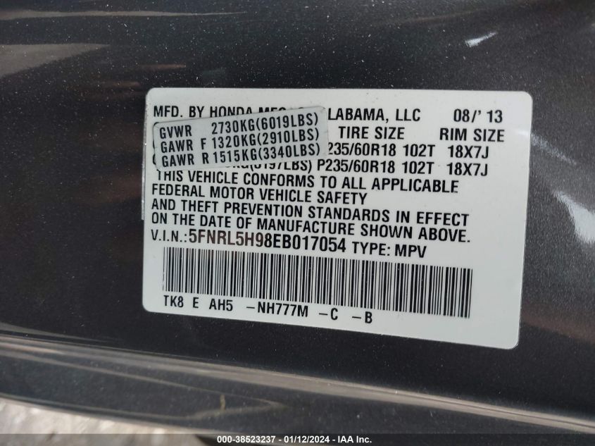 5FNRL5H98EB017054 2014 HONDA ODYSSEY, photo no. 9