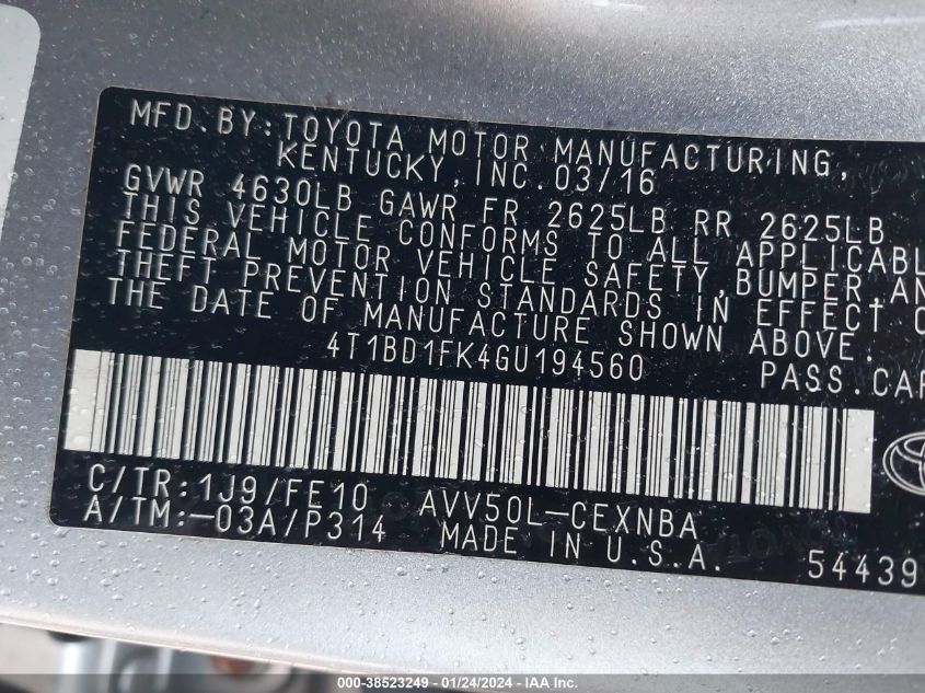 2016 TOYOTA CAMRY HYBRID LE - 4T1BD1FK4GU194560
